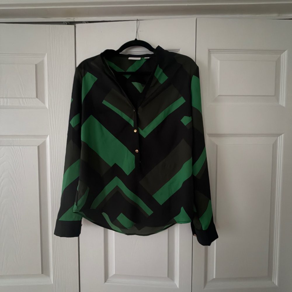 New York & Company Geometric Green and Black Blouse y2k modern